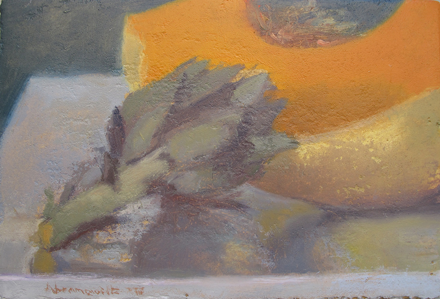 Artichoke and Pumpkin, Oil on prepared Jerusalem stone ground board, 17.5 x 25.5 cm, 2014 Heddy Abramowitz